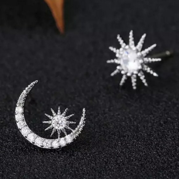 NEW Sterling Silver Diamond Moon Star Earrings - Picture 4 of 5